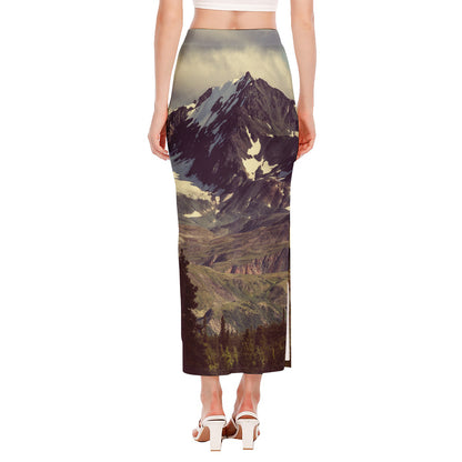 Denali Mountain Print Side Slit Maxi Skirt