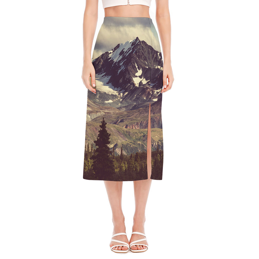 Denali Mountain Print Side Slit Midi Skirt