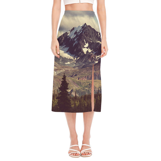 Denali Mountain Print Side Slit Midi Skirt