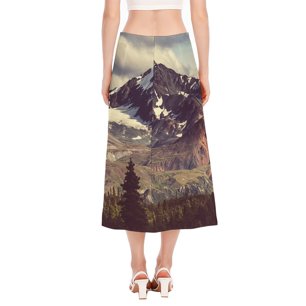Denali Mountain Print Side Slit Midi Skirt