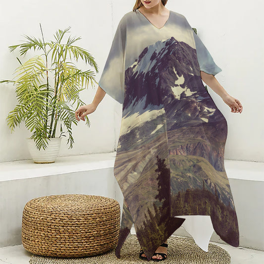 Denali Mountain Print Silk V-Neck Kaftan Dress