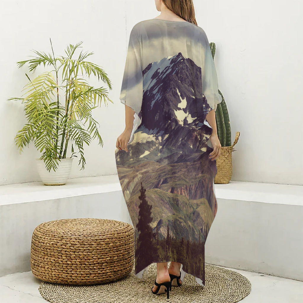 Denali Mountain Print Silk V-Neck Kaftan Dress