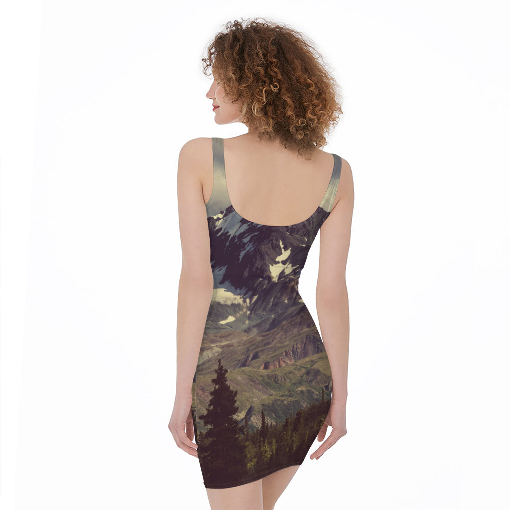 Denali Mountain Print Sleeveless Bodycon Dress