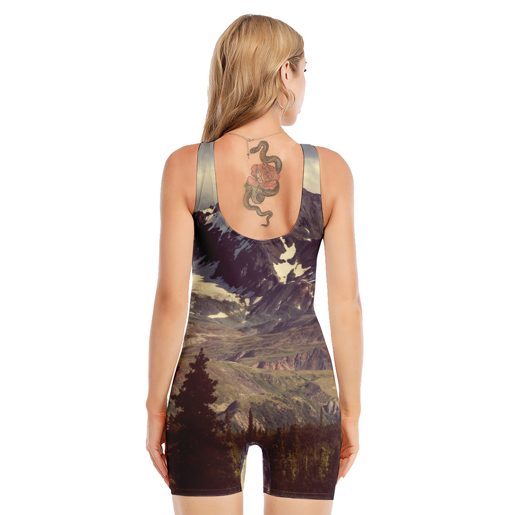 Denali Mountain Print Sleeveless One Piece Swimsuit