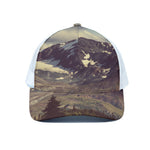 Denali Mountain Print White Mesh Trucker Cap