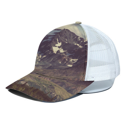 Denali Mountain Print White Mesh Trucker Cap