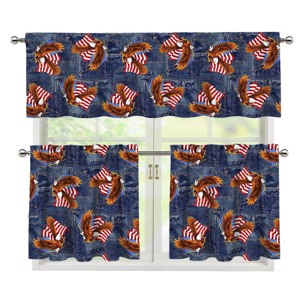 Denim American Eagle Pattern Print 3 Piece Kitchen Curtains