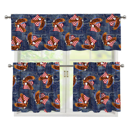 Denim American Eagle Pattern Print 3 Piece Kitchen Curtains