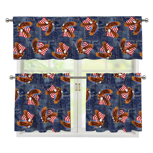 Denim American Eagle Pattern Print 3 Piece Kitchen Curtains