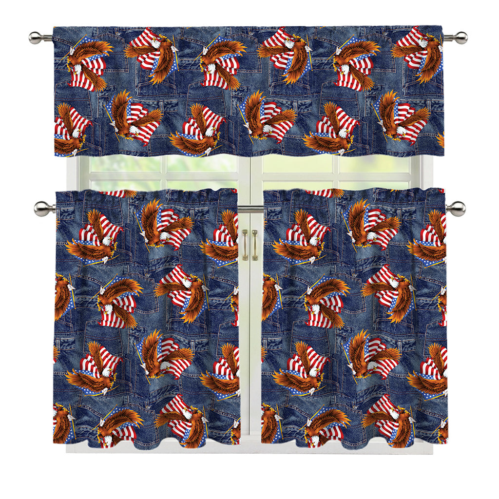 Denim American Eagle Pattern Print 3 Piece Kitchen Curtains