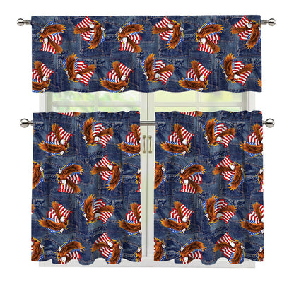 Denim American Eagle Pattern Print 3 Piece Kitchen Curtains