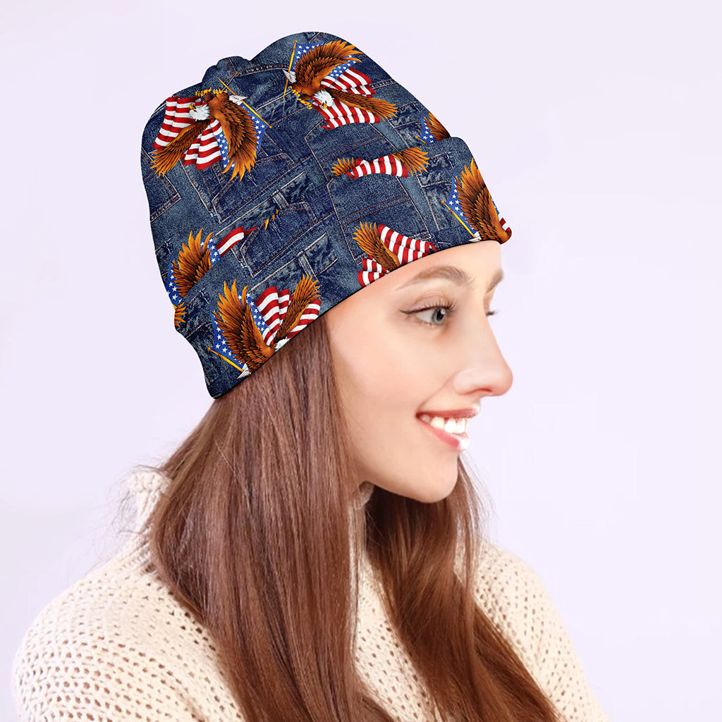 Denim American Eagle Pattern Print Beanie
