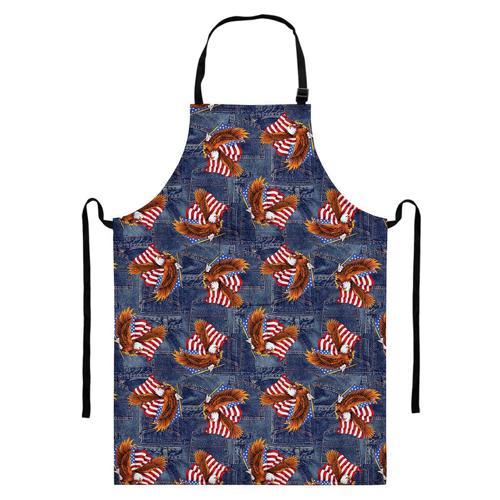 Denim American Eagle Pattern Print Bib Apron With Pocket