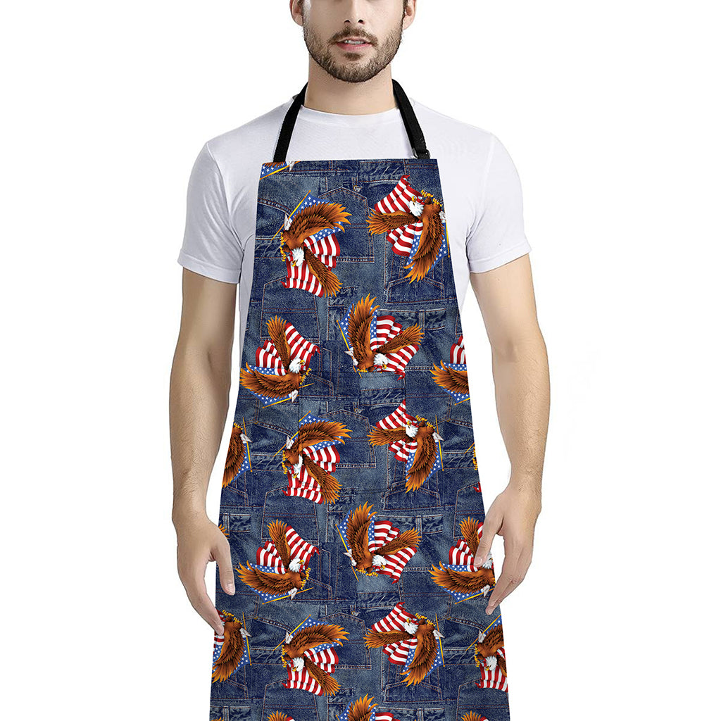 Denim American Eagle Pattern Print Bib Apron With Pocket