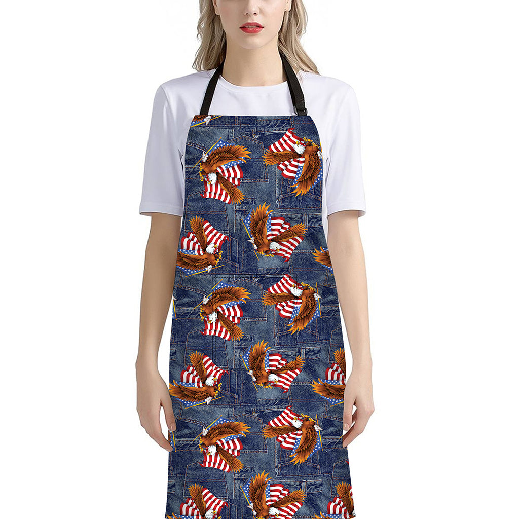 Denim American Eagle Pattern Print Bib Apron With Pocket