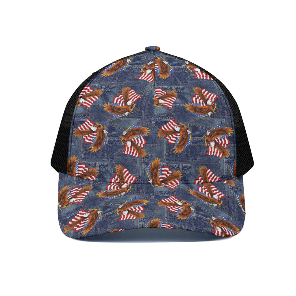 Denim American Eagle Pattern Print Black Mesh Trucker Cap
