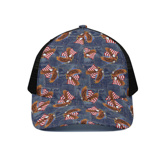Denim American Eagle Pattern Print Black Mesh Trucker Cap
