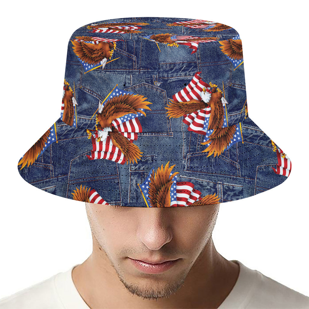 Denim American Eagle Pattern Print Bucket Hat