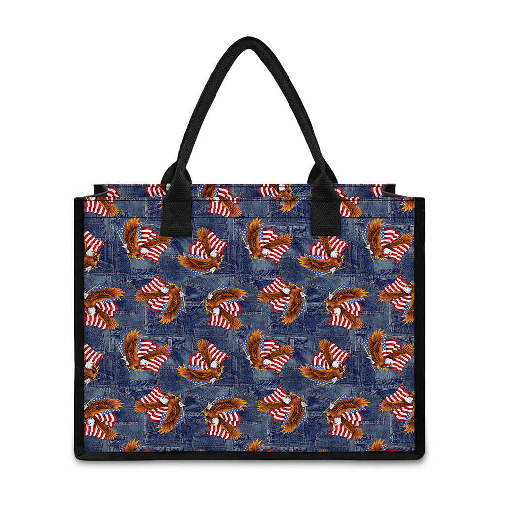 Denim American Eagle Pattern Print Canvas Tote Bag