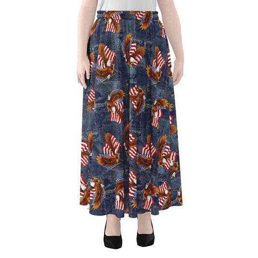 Denim American Eagle Pattern Print Chiffon Maxi Skirt