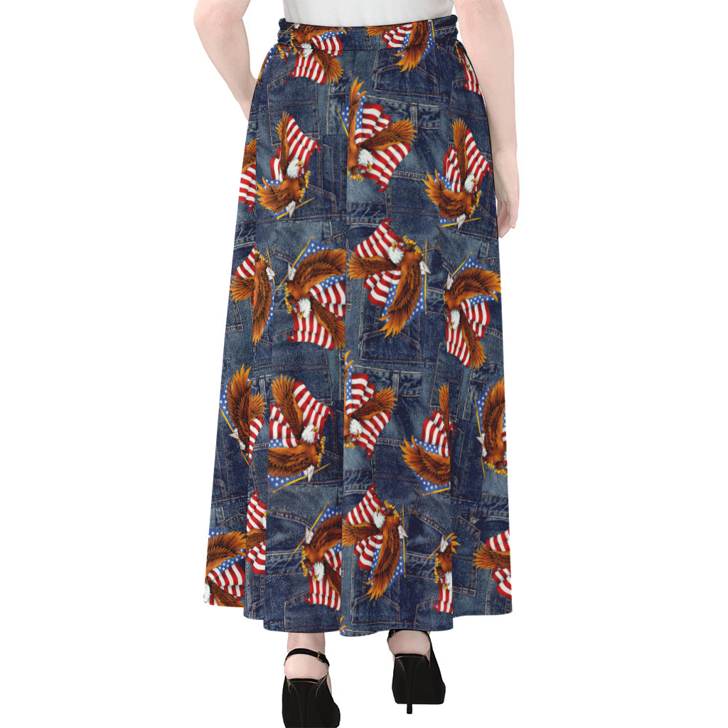 Denim American Eagle Pattern Print Chiffon Maxi Skirt