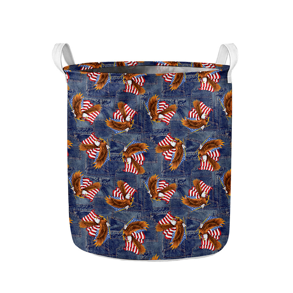Denim American Eagle Pattern Print Collapsible Laundry Basket