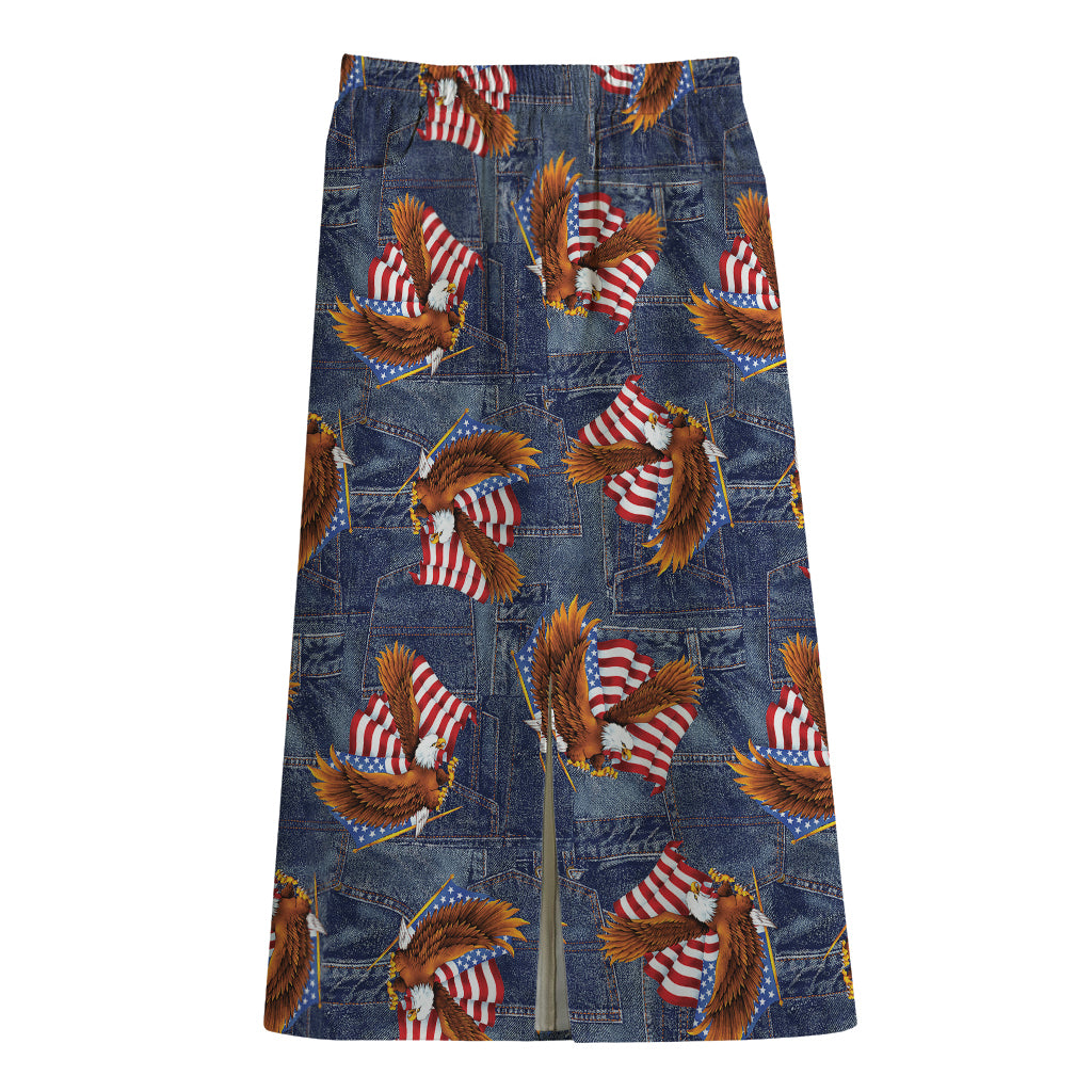 Denim American Eagle Pattern Print Cotton Front Slit Maxi Skirt