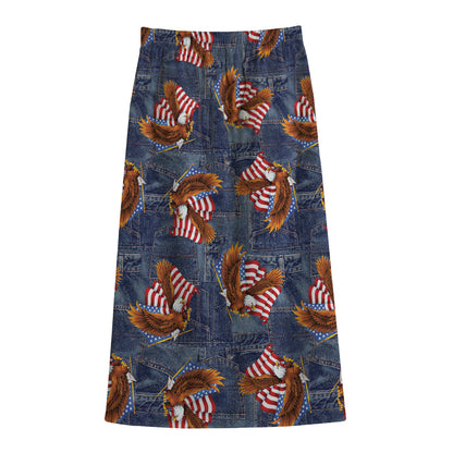 Denim American Eagle Pattern Print Cotton Front Slit Maxi Skirt