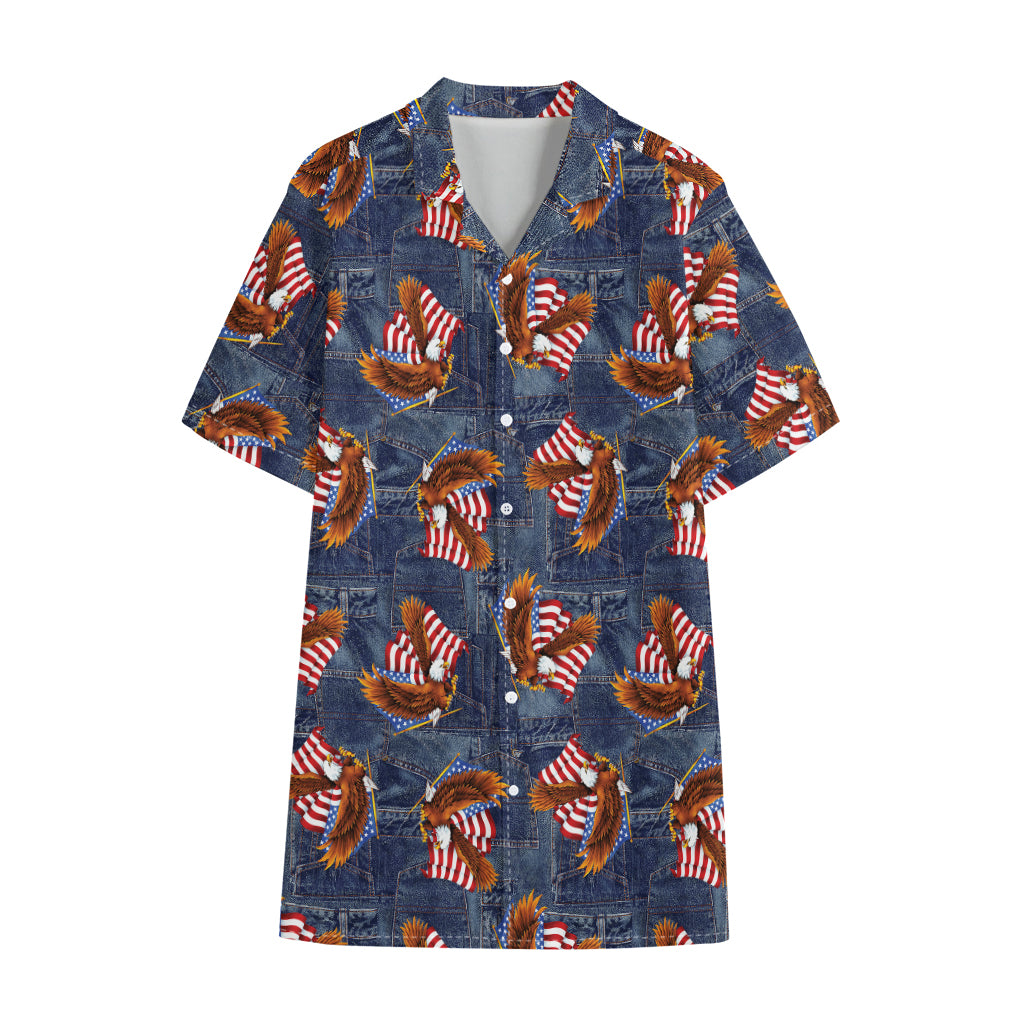 Denim American Eagle Pattern Print Cotton Hawaiian Shirt