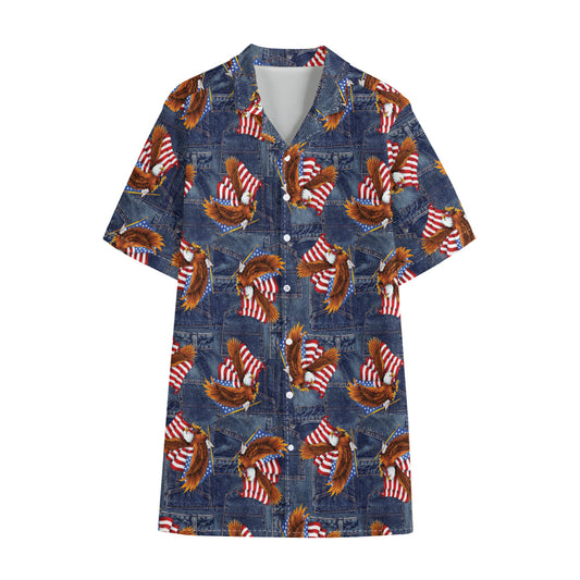 Denim American Eagle Pattern Print Cotton Hawaiian Shirt