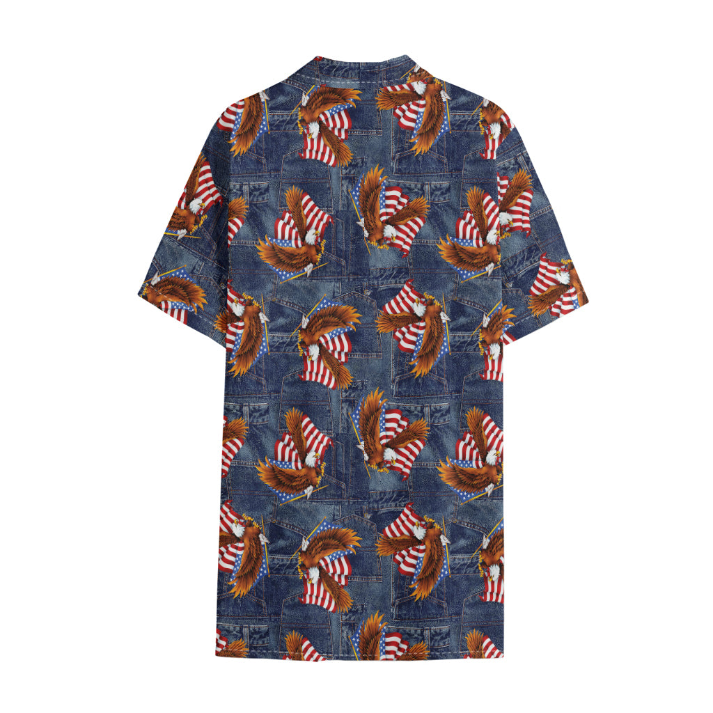 Denim American Eagle Pattern Print Cotton Hawaiian Shirt