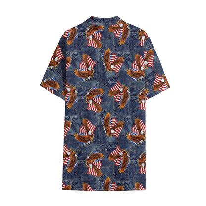 Denim American Eagle Pattern Print Cotton Hawaiian Shirt