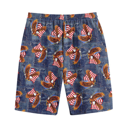 Denim American Eagle Pattern Print Cotton Shorts