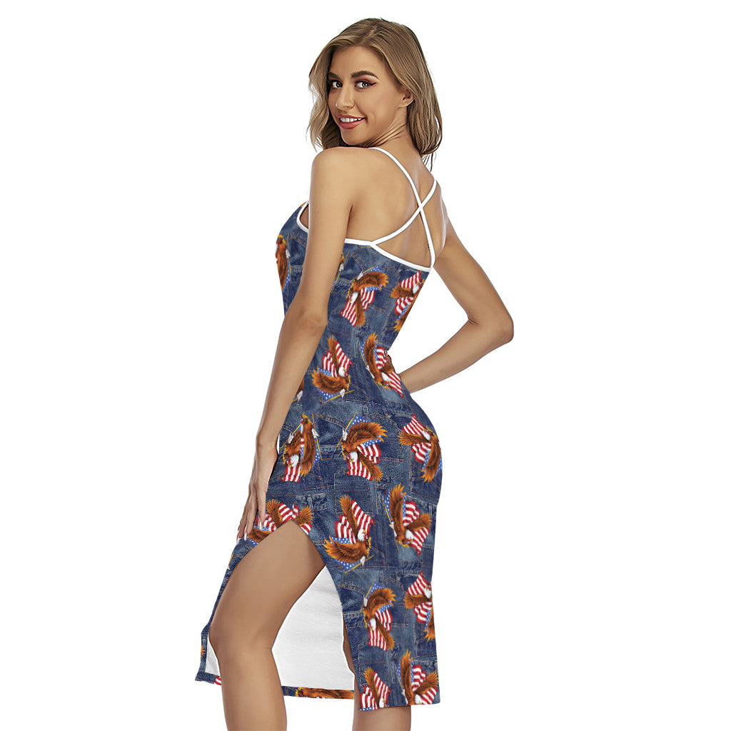 Denim American Eagle Pattern Print Cross Back Cami Dress