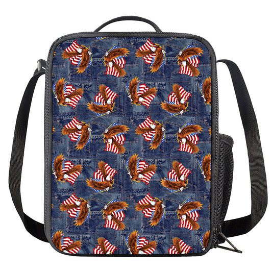 Denim American Eagle Pattern Print Crossbody Lunch Bag