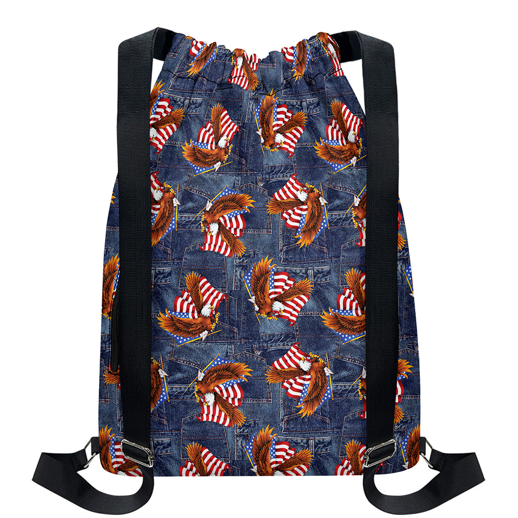 Denim American Eagle Pattern Print Drawstring Backpack