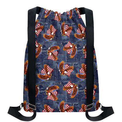 Denim American Eagle Pattern Print Drawstring Backpack