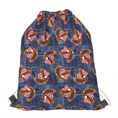 Denim American Eagle Pattern Print Drawstring Bag