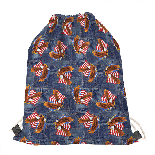 Denim American Eagle Pattern Print Drawstring Bag