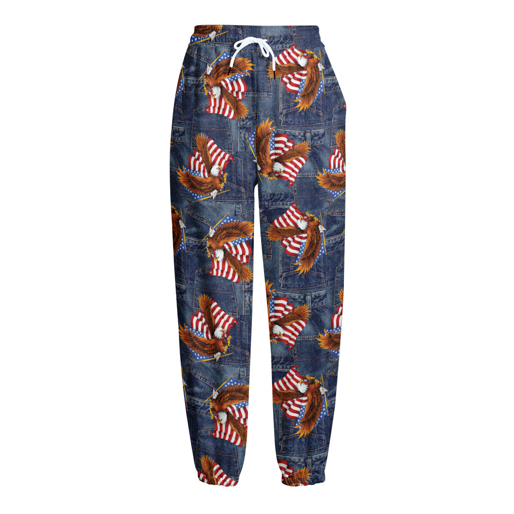 Denim American Eagle Pattern Print Fleece Lined Knit Pants