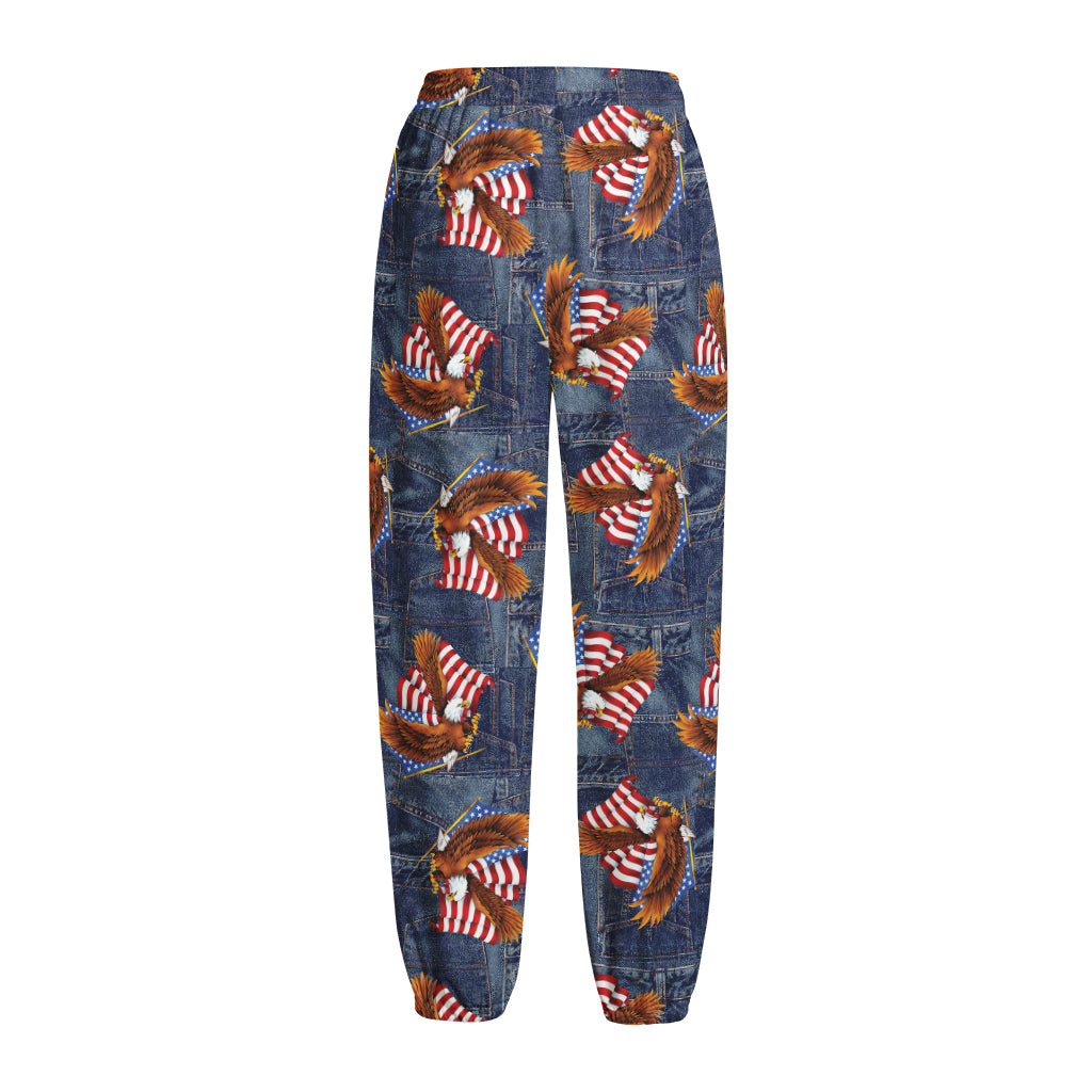 Denim American Eagle Pattern Print Fleece Lined Knit Pants