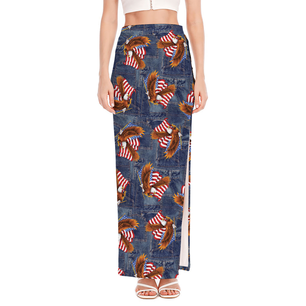 Denim American Eagle Pattern Print High Slit Maxi Skirt
