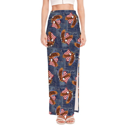 Denim American Eagle Pattern Print High Slit Maxi Skirt