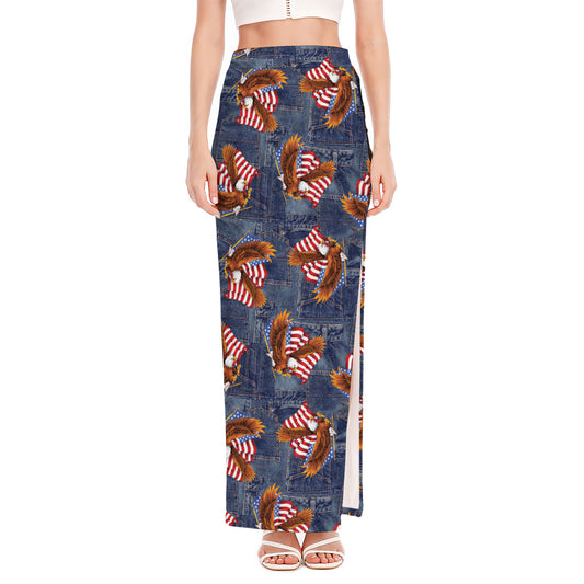 Denim American Eagle Pattern Print High Slit Maxi Skirt