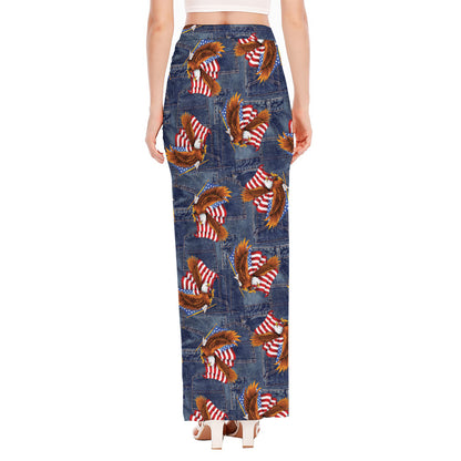 Denim American Eagle Pattern Print High Slit Maxi Skirt