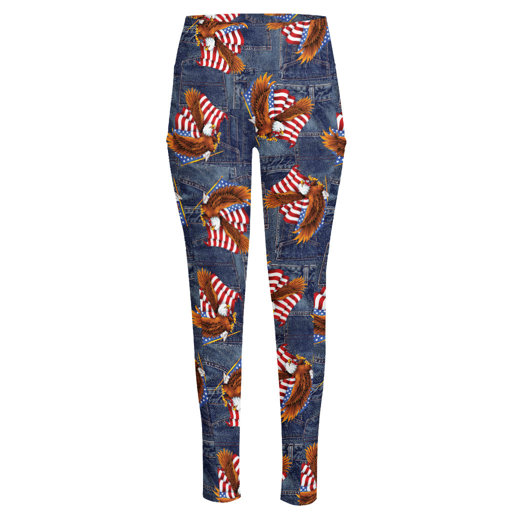 Denim American Eagle Pattern Print High-Waisted Pocket Leggings