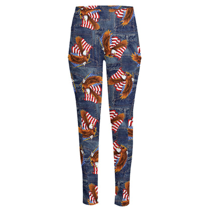 Denim American Eagle Pattern Print High-Waisted Pocket Leggings
