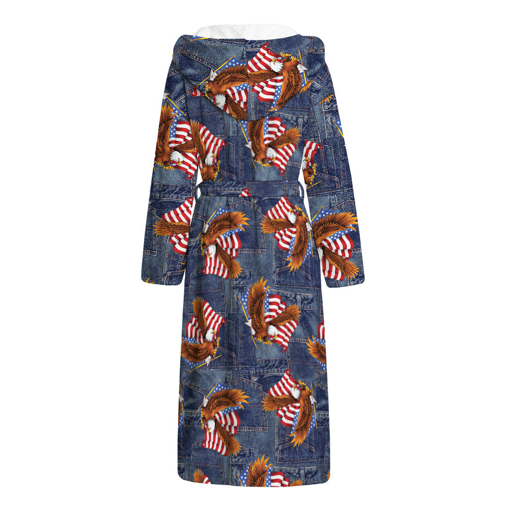 Denim American Eagle Pattern Print Hooded Bathrobe