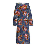 Denim American Eagle Pattern Print Hooded Bathrobe