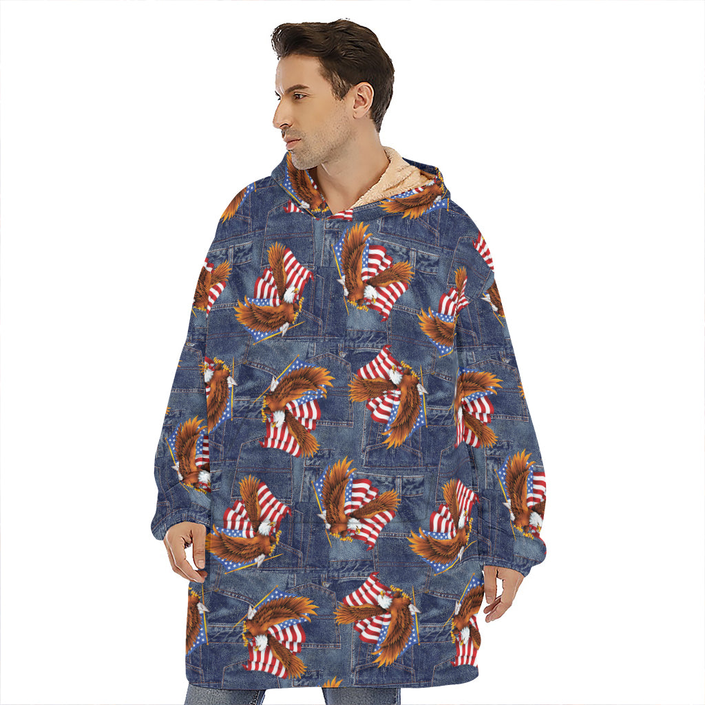 Denim American Eagle Pattern Print Hoodie Blanket